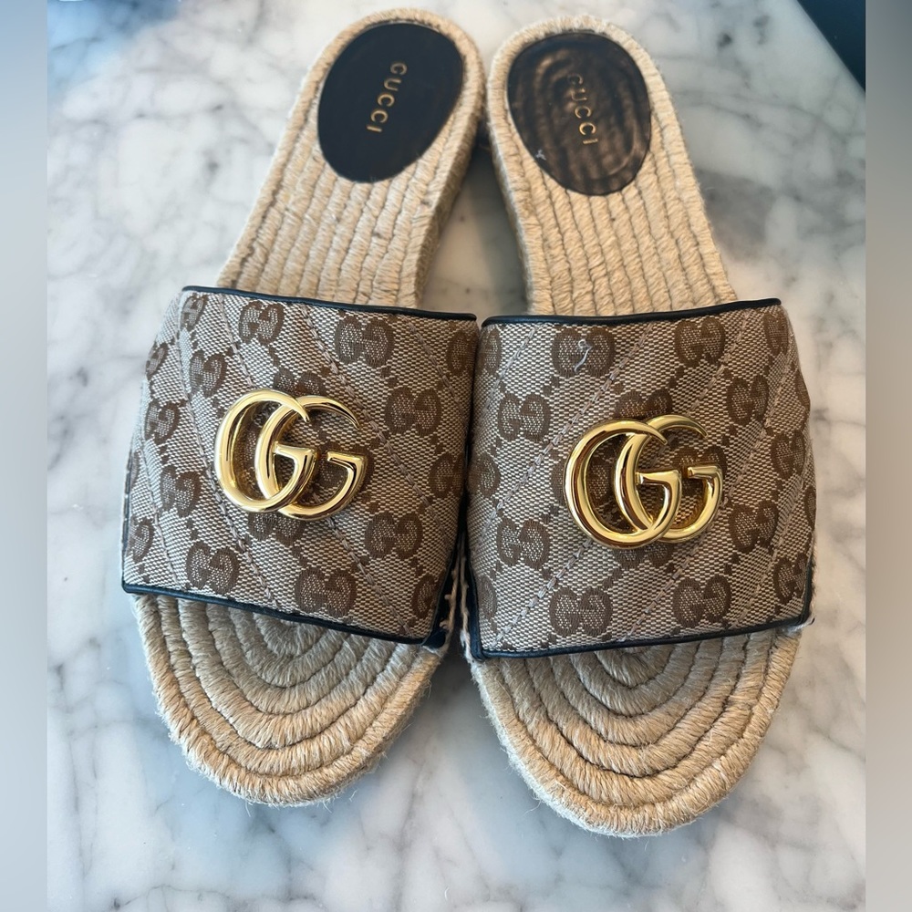 Gucci Marmont Pilar Original GG Canvas Espadrille Slide Sandal Size 39.5 | 9.5